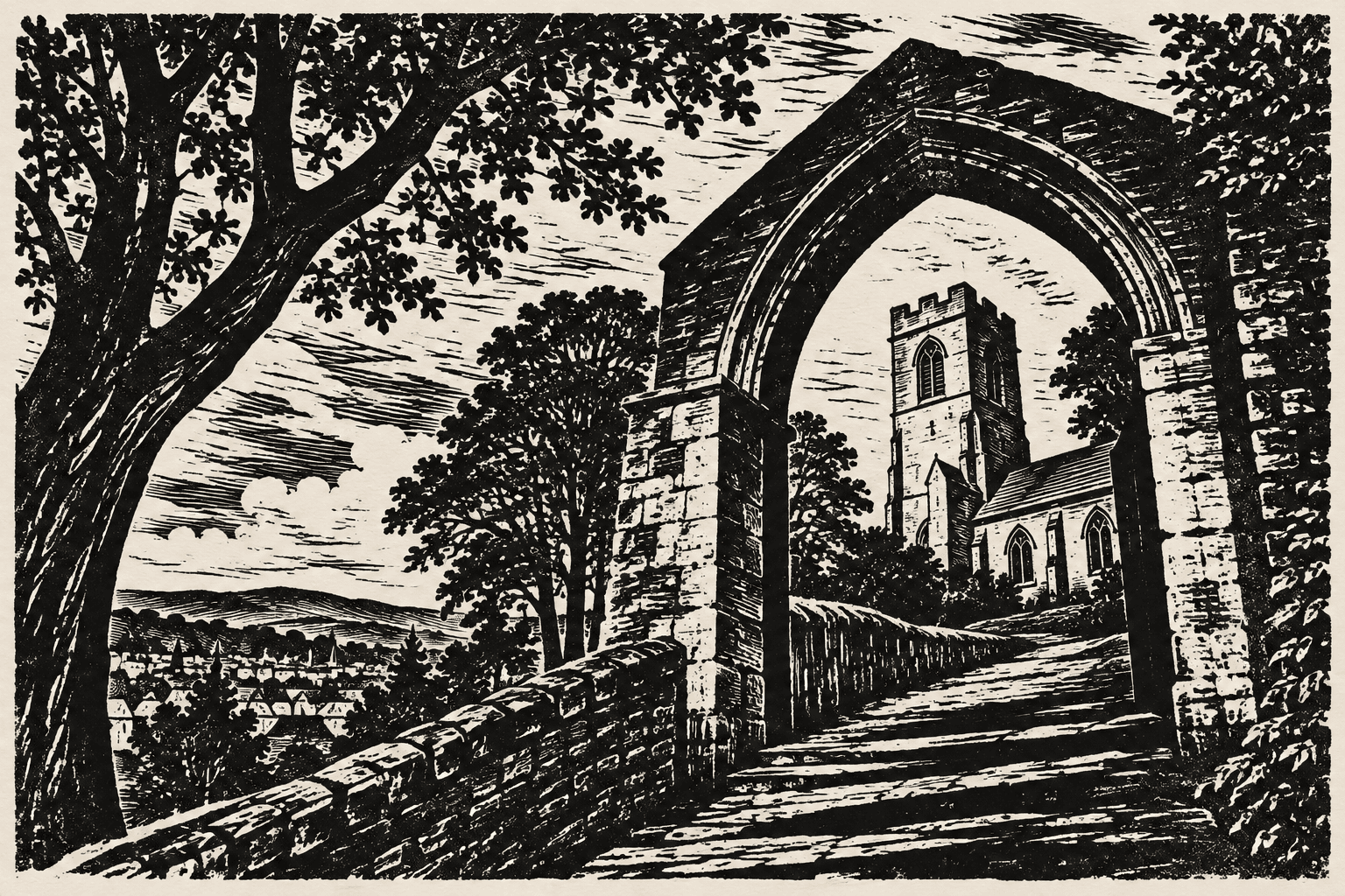 Black linocut view through a stone arch toward a hilltop church